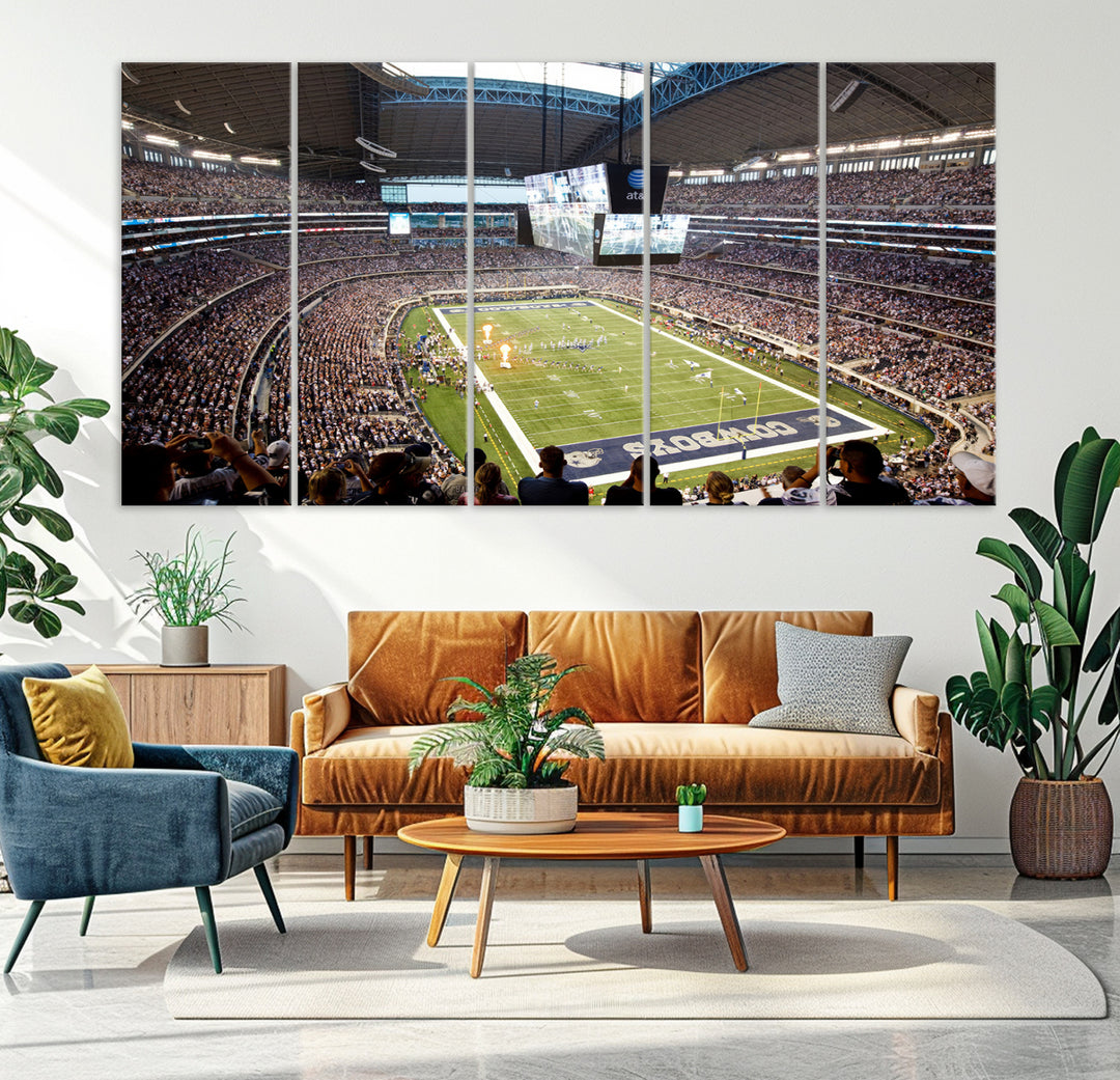 The wall art is a Dallas Cowboys AT&T Stadium Canvas Print, showcasing the iconic logo.