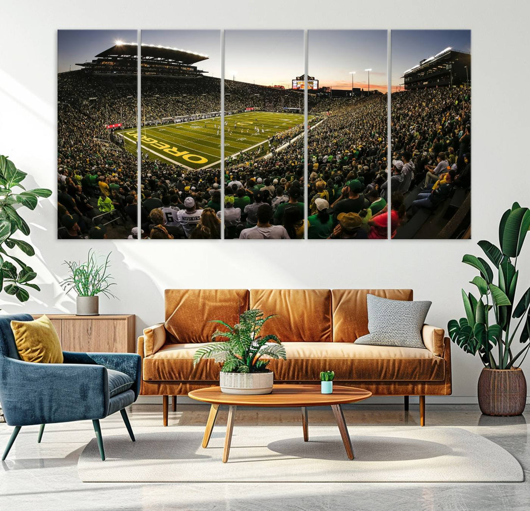 Autzen Stadium Evening Game Triple Canvas Wall Art - Oregon Ducks Football Match