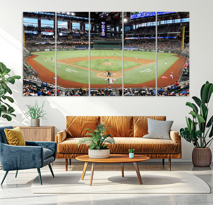 Admire the Texas Rangers Wall Art showcasing Globe Life Fields covered stadium and its lively crowd.