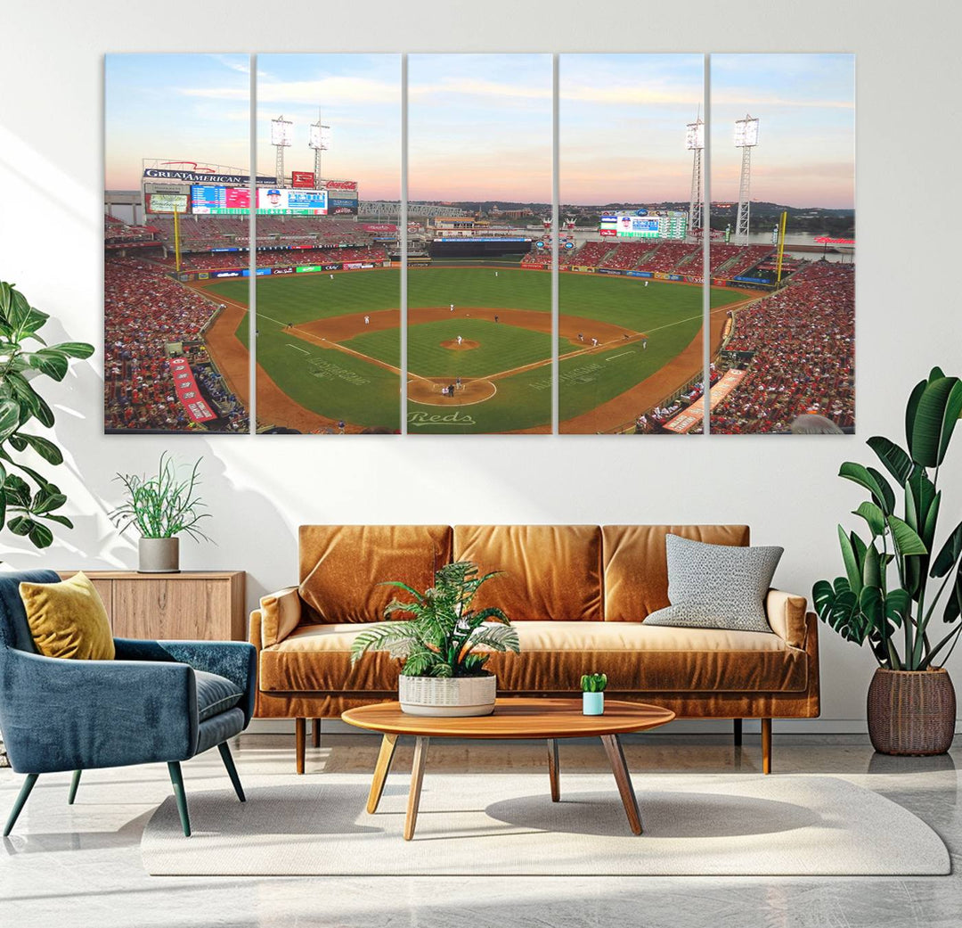 Cincinnati Reds game at sunset: Stadium wall art canvas.