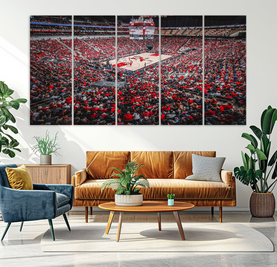 A painting of Louisville Cardinals fans in red at the KFC Yum Center Arena.