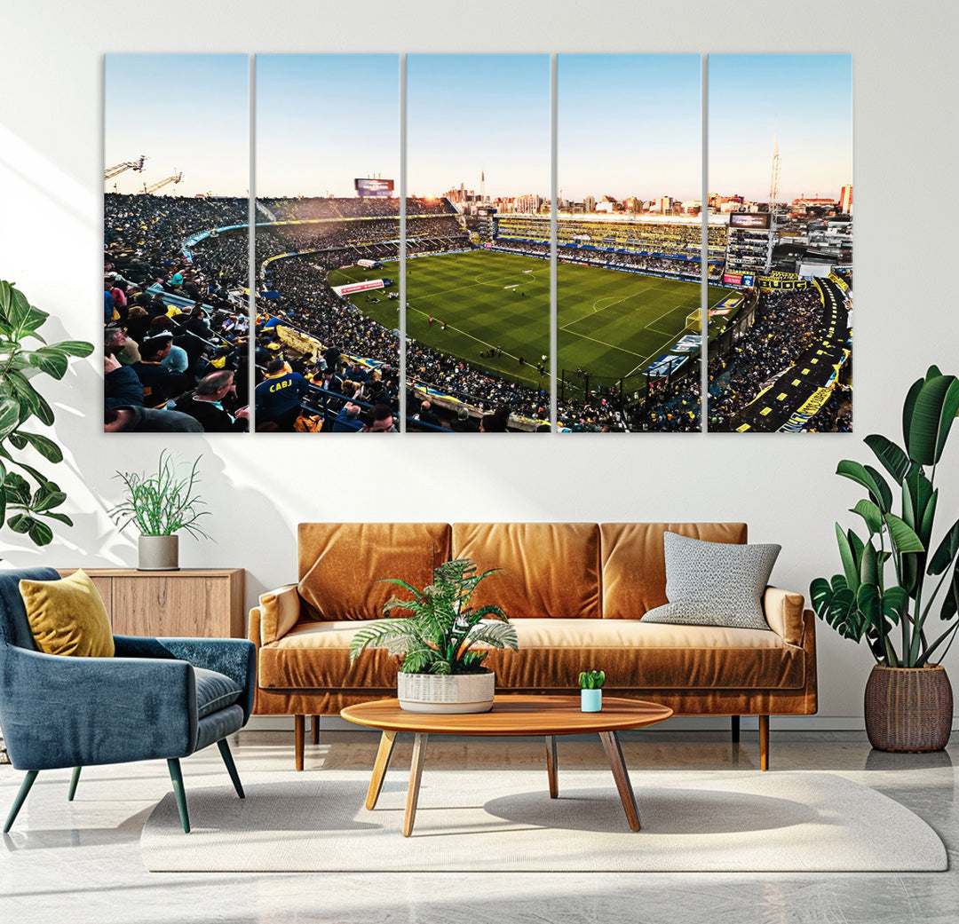 The wall art canvas print vividly captures the dynamic soccer culture at Bombonera Stadium with its vibrant depiction.