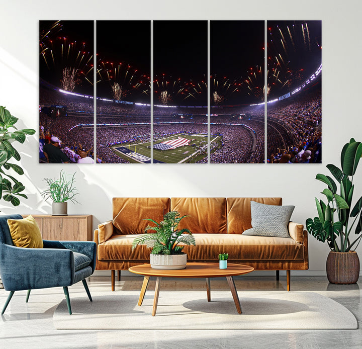 A vibrant wall art piece in MetLife Stadium features a stunning American flag design, capturing the spirited atmosphere of game day.