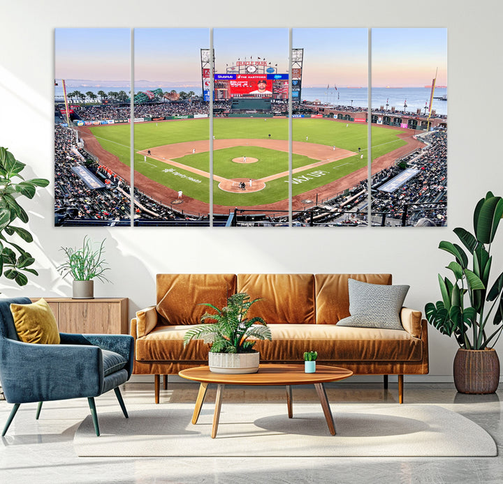 Gallery-quality canvas print of Oracle Park Stadium showcasing a waterfront view from behind home plate.