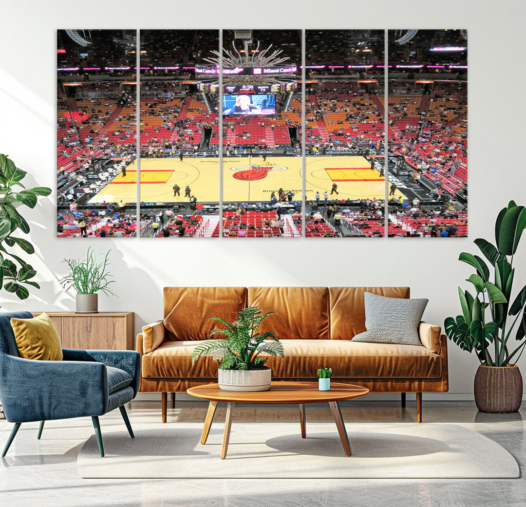 A Miami Heat Basketball Print showcases Kaseya Center Stadium Wall Art with a grand scoreboard.