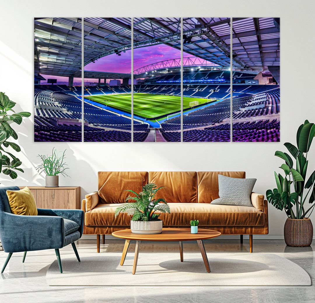 The FC Porto Soccer Team Dragon Stadium Wall Art Canvas Print decorates the room.