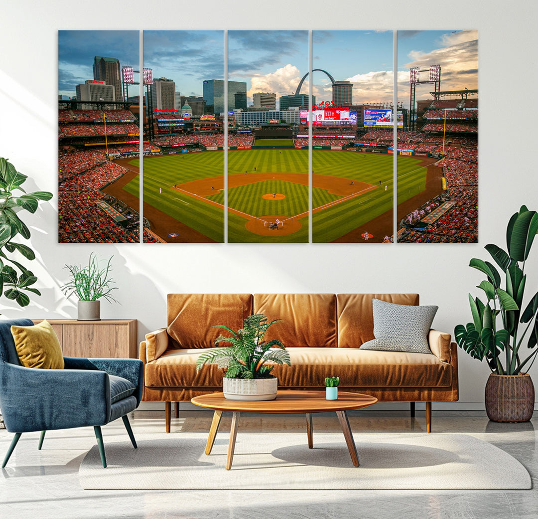 Canvas art of the St. Louis Cardinals Busch Stadium, capturing the citys skyline.