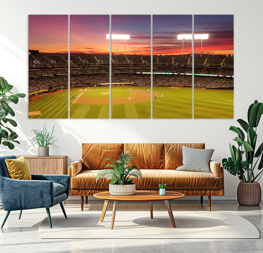 The Oakland Coliseum print is a museum-quality canvas depicting a full crowd and a sunset.