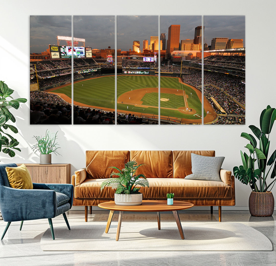 Baseball at Target Field, sunset game, city skyline view.