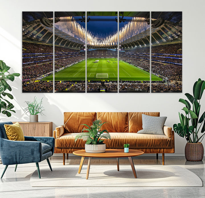 A stunning Tottenham Hotspur Stadium wall art captures the energy of a stadium packed with fans and vibrant lights.