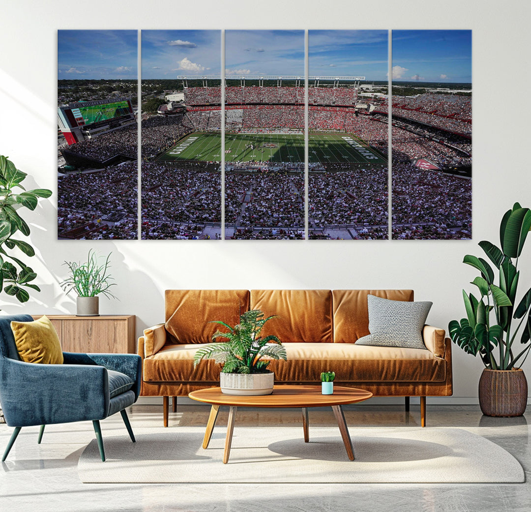 The wall art is a South Carolina Gamecocks print, showcasing Williams-Brice Stadium from a distance under clear skies.