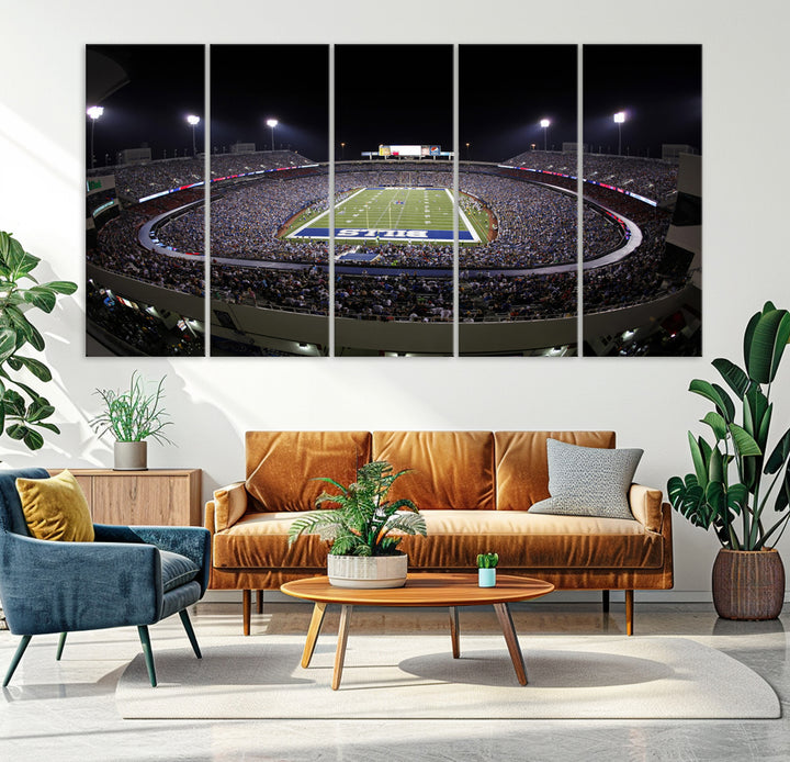 The Buffalo Bills NFL Highmark Stadium at night print captures the bright lights, conveying an exhilarating atmosphere.