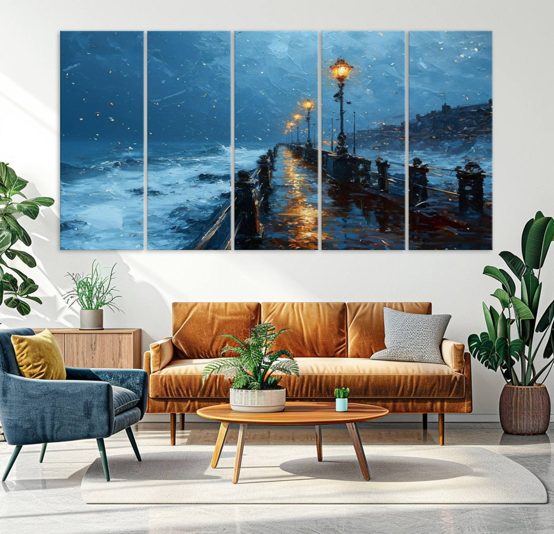 Framed 3-Panel Seaside Night Pier Oil Painting Canvas Wall Art | Ready to Hang Coastal Landscape Art for Modern Living Room, Office, or Bedroom Decor