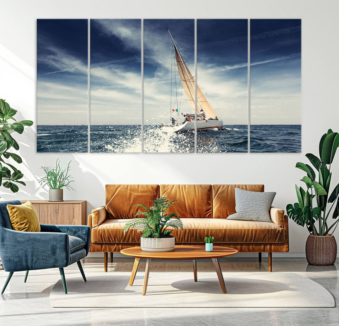 Sailboat Ocean Beach Blue Sky Wall Art Canvas Print