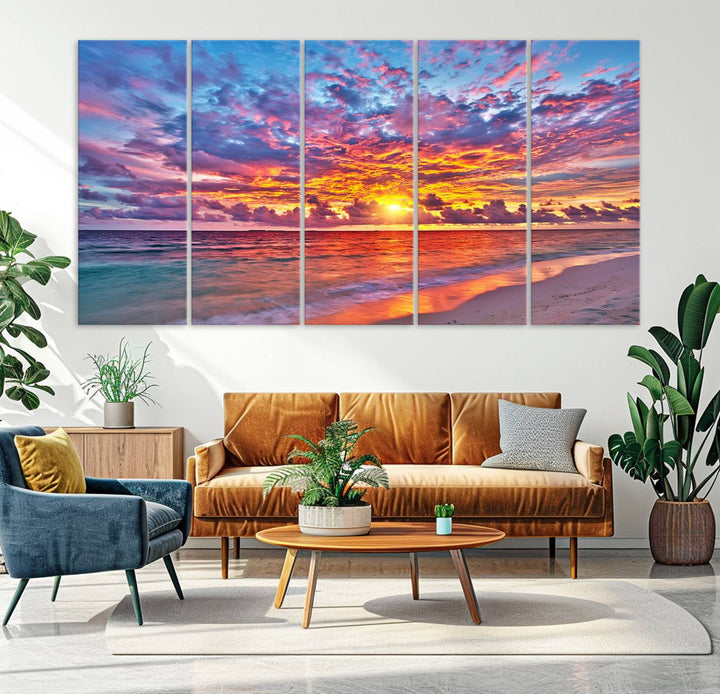 Vibrant Sunset Beach Wall Art | Ocean Sunset Canvas Print | Coastal Wall Art Decor | Ready to Hang | Stunning Sunset Scene for Home or Office Decor