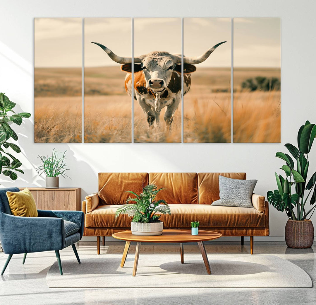 The Texas Cow Longhorn Wall Art Canvas adds rustic charm to the decor.