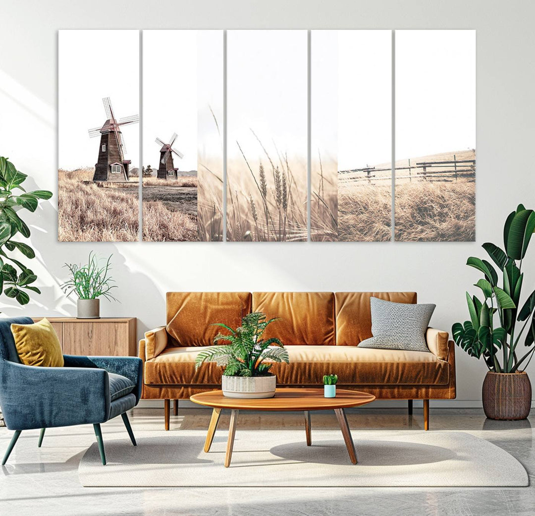 Farmhouse wall art set: 3 giclee canvas prints featuring windmills and wheat fields.