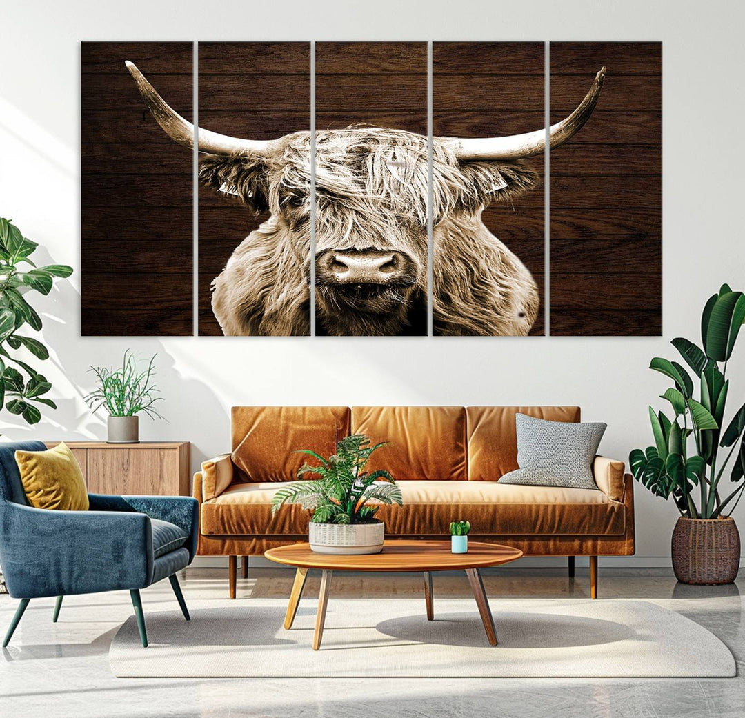 Highland Cow Wall Art Canvas Print, Rustic Farmhouse Decor, Majestic Scottish Highland Bull Portrait for Living Room – Ready to Hang