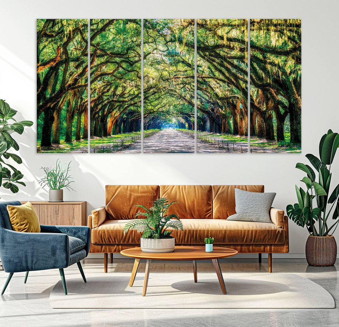 Serene Tree Tunnel Wall Art Canvas Print – Pathway Under Canopy of Lush Green Trees, Nature-Inspired Decor for Living Room – Ready to Hang