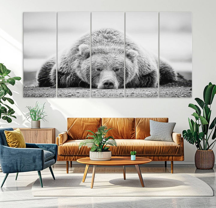 Resting Bear Wall Art Canvas Print – Majestic Lazy Black and White Wildlife Bear Art, Perfect for Nature-Inspired Home Decor – Ready to Hang