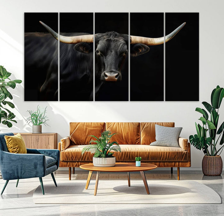 Texas Longhorn Cow | Majestic Black Bull Wall Art Canvas Print - Farmhouse Animal Decor - Ready to Hang