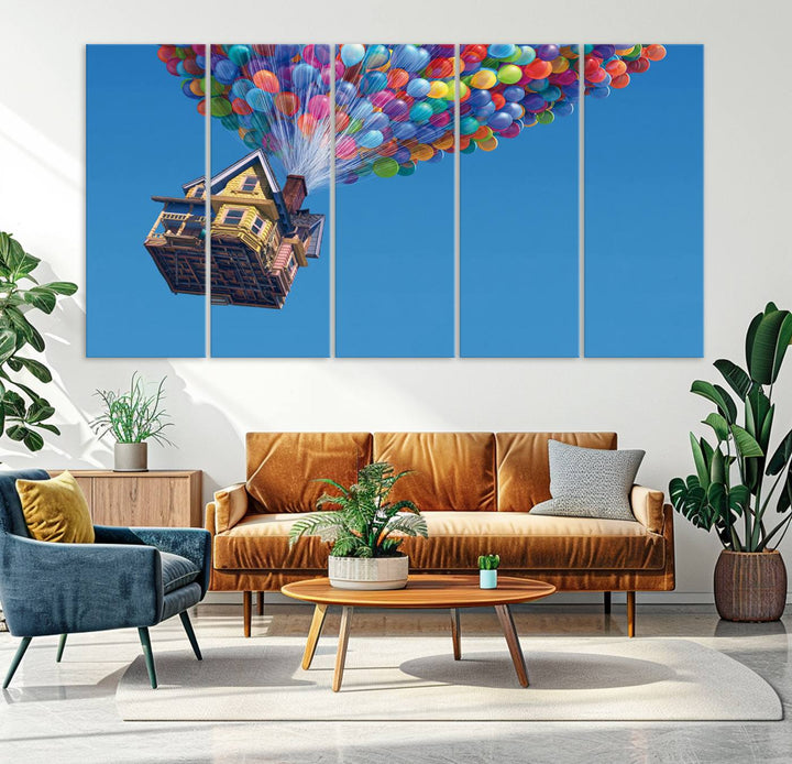 The "Carl Fredricksen, Up Movie Wall Art" features a three-panel design with a house lifted by colorful balloons, adding whimsical decor to any space.