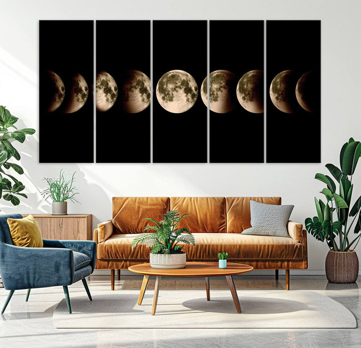 The "Phases of the Moon Wall Art" canvas print elegantly hangs on the wall.