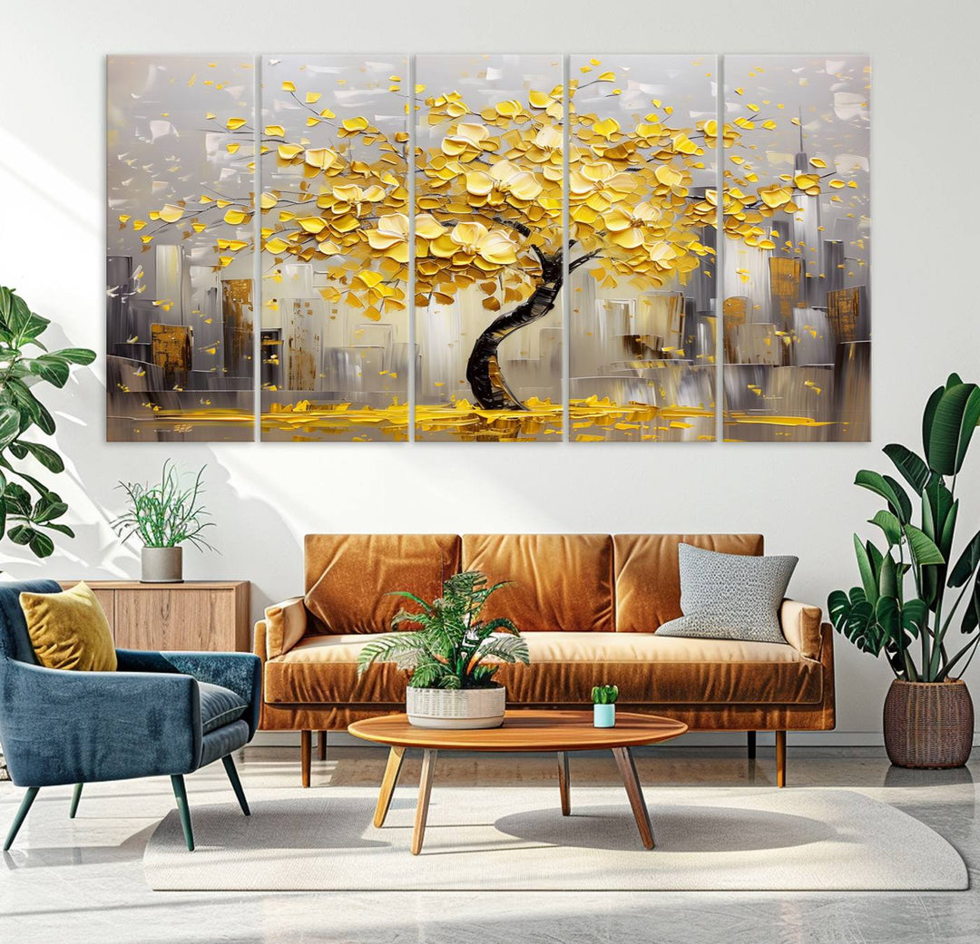 A framed canvas print from the "Golden Tree Canvas Print | Abstract Wall Art for Modern Homes | Ready to Hang Framed Artwork" collection hangs elegantly against the dark wall, epitomizing exquisite abstract wall art.