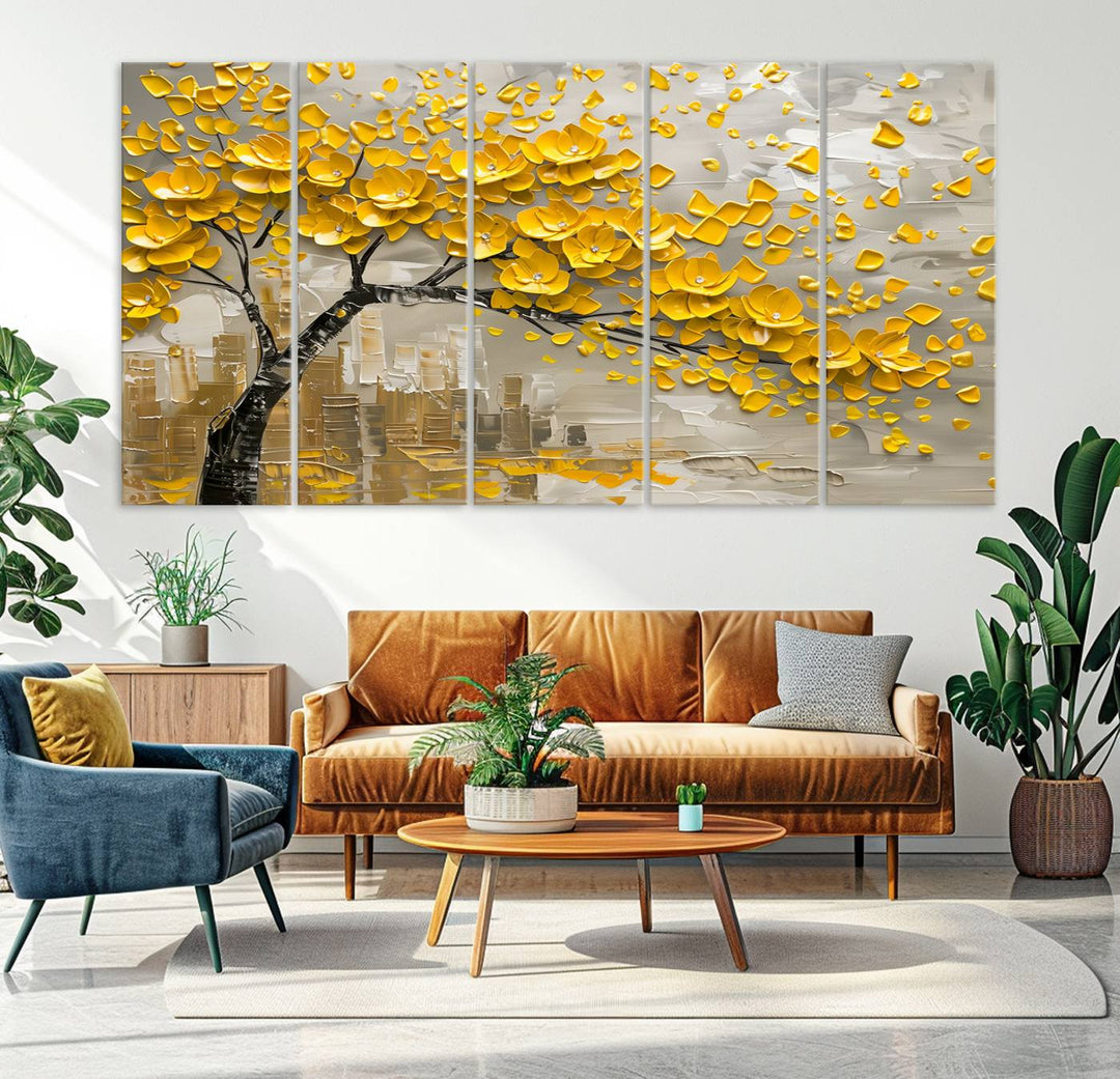 Yellow Blossom Tree Canvas Wall Art, featuring a floral abstract modern design, is elegantly displayed against a dark wall. This sophisticated piece enhances the contemporary aesthetic of the space.