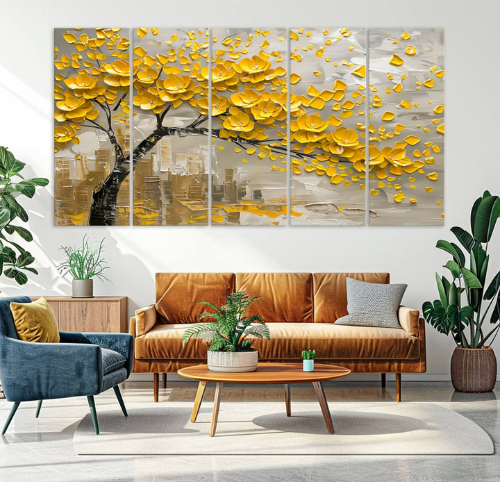 The living room showcases a Yellow Blossom Tree Canvas Wall Art, modern and floral.