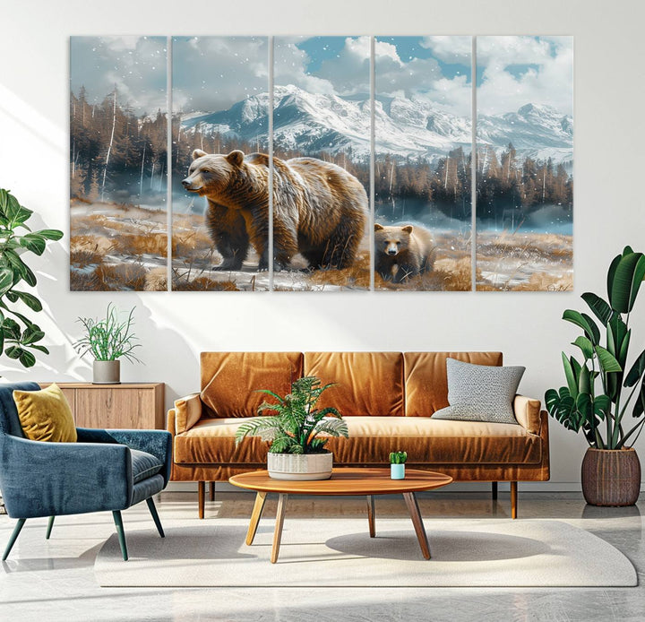 The modern living room features a Bear and Baby Bear Wall Art Canvas Print depicting a snowy mountain landscape, making it a stunning visual piece and a meaningful gift idea.