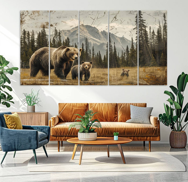 Displaying the Rustic Grizzly 399 Bear Family Wall Art Canvas Print in a modern living space adds remarkable charm. This triptych piece showcases a bear family in the forest, printed on museum-quality canvas and ready to hang, seamlessly enhancing your decor with its striking detail and elegance.