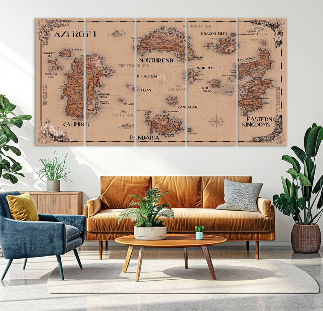 The Vintage Azeroth World Map Canvas Print, a stunning three-piece set, enhances the space with its vintage charm, perfectly complementing your gaming decor.