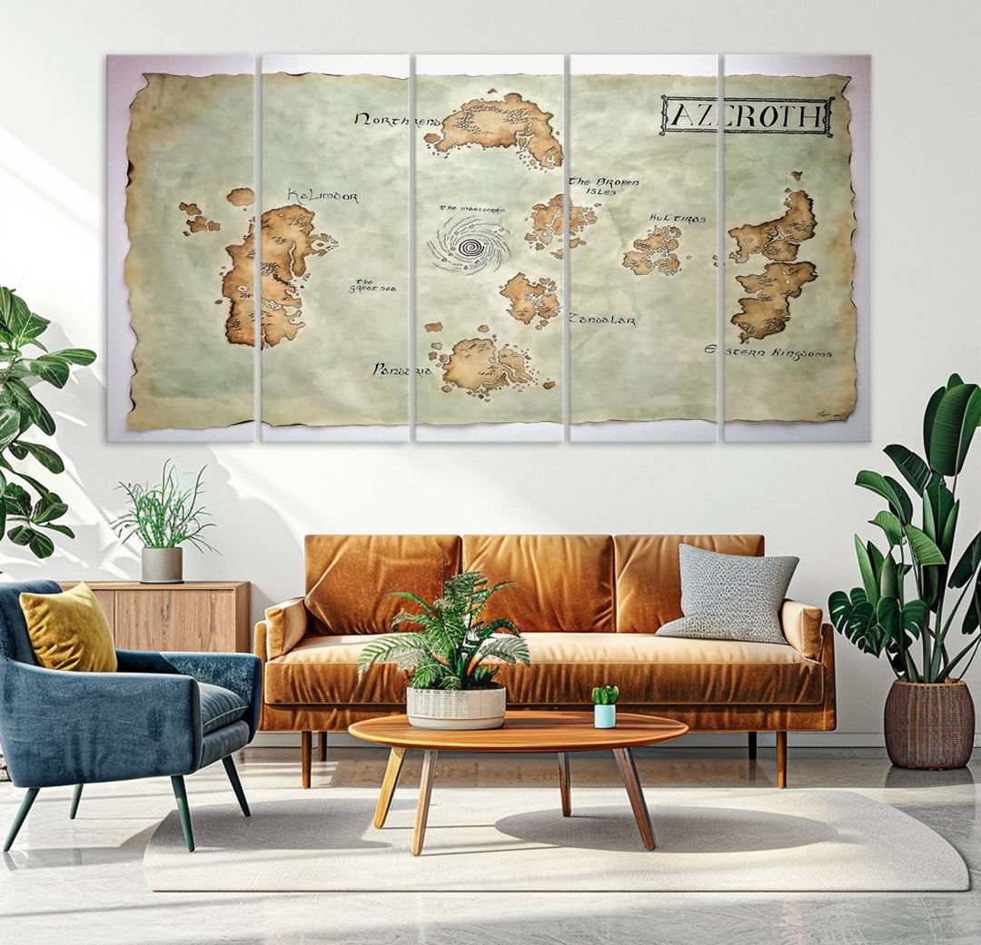 The Azeroth World Map Wall Art Canvas Print, a three-panel vintage piece, brings a cozy fantasy gaming atmosphere to the room.