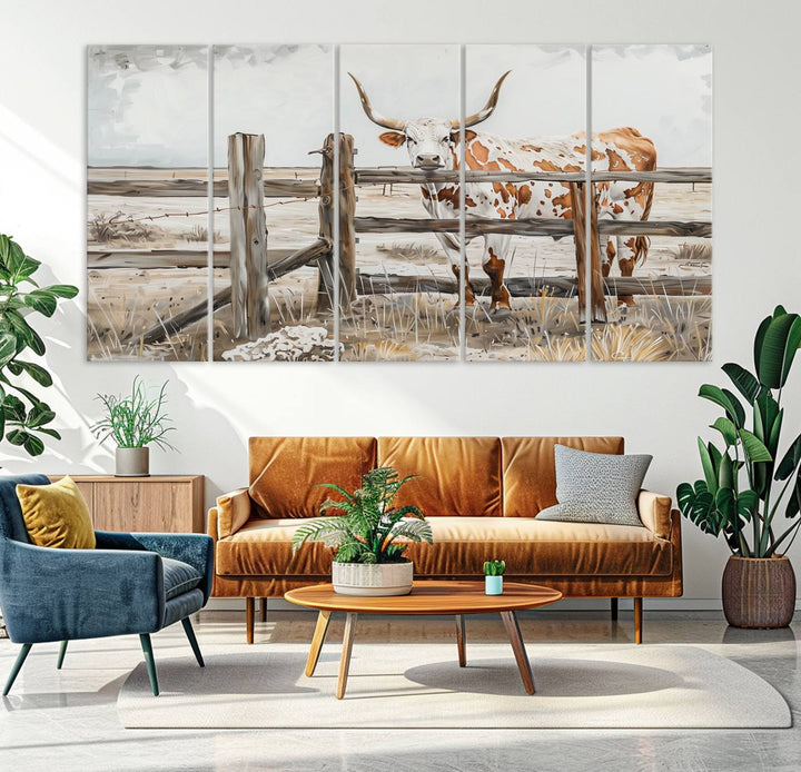 The Abstract Longhorn Cow Wall Art, a ready-to-hang framed canvas print, adds rustic charm and perfectly captures the essence of rural elegance.