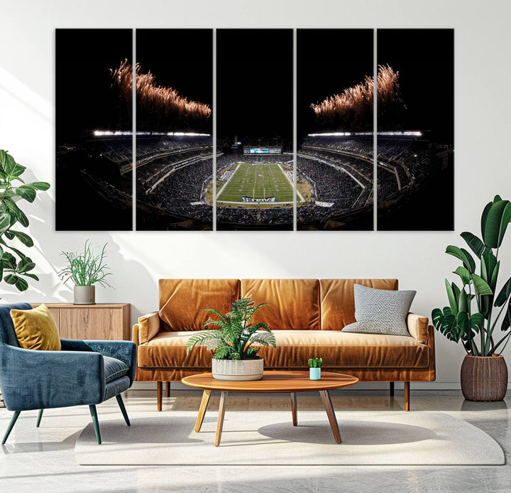 A stunning triptych wall art featuring the Philadelphia Eagles Football Team Print, capturing Lincoln Financial Field with spectacular fireworks.