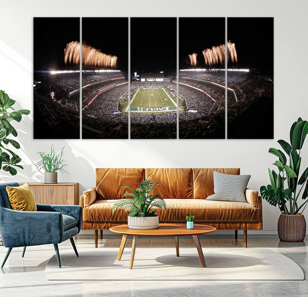 Experience the breathtaking Lincoln Financial Field Fireworks Game captured in this triple canvas wall art. A must-have for any Philadelphia Eagles fan!