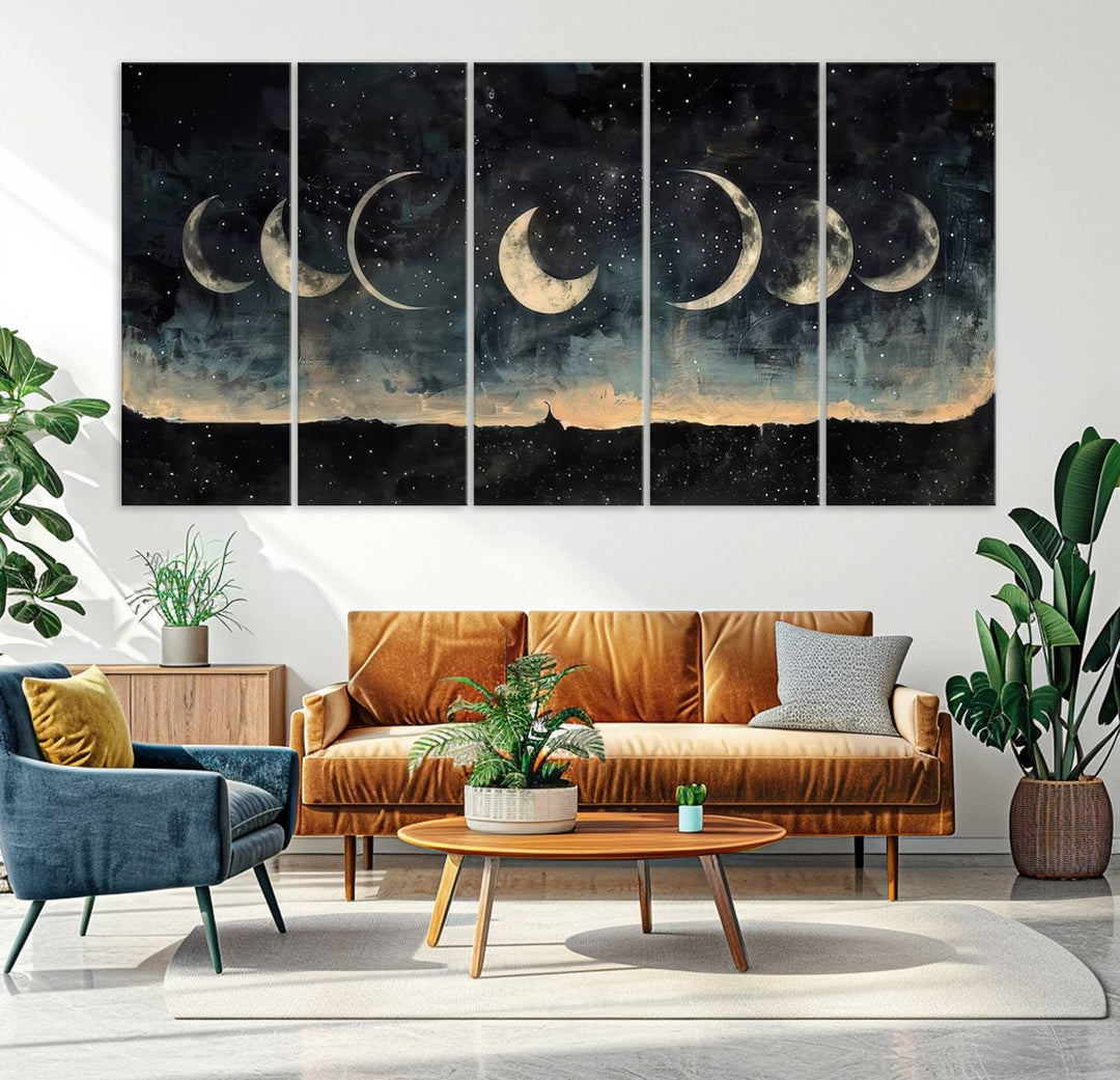 The "Phases of the Moon Wall Art," a framed canvas series capturing the celestial beauty of lunar cycles against a starry night, adds an elegant touch to the contemporary dining room.