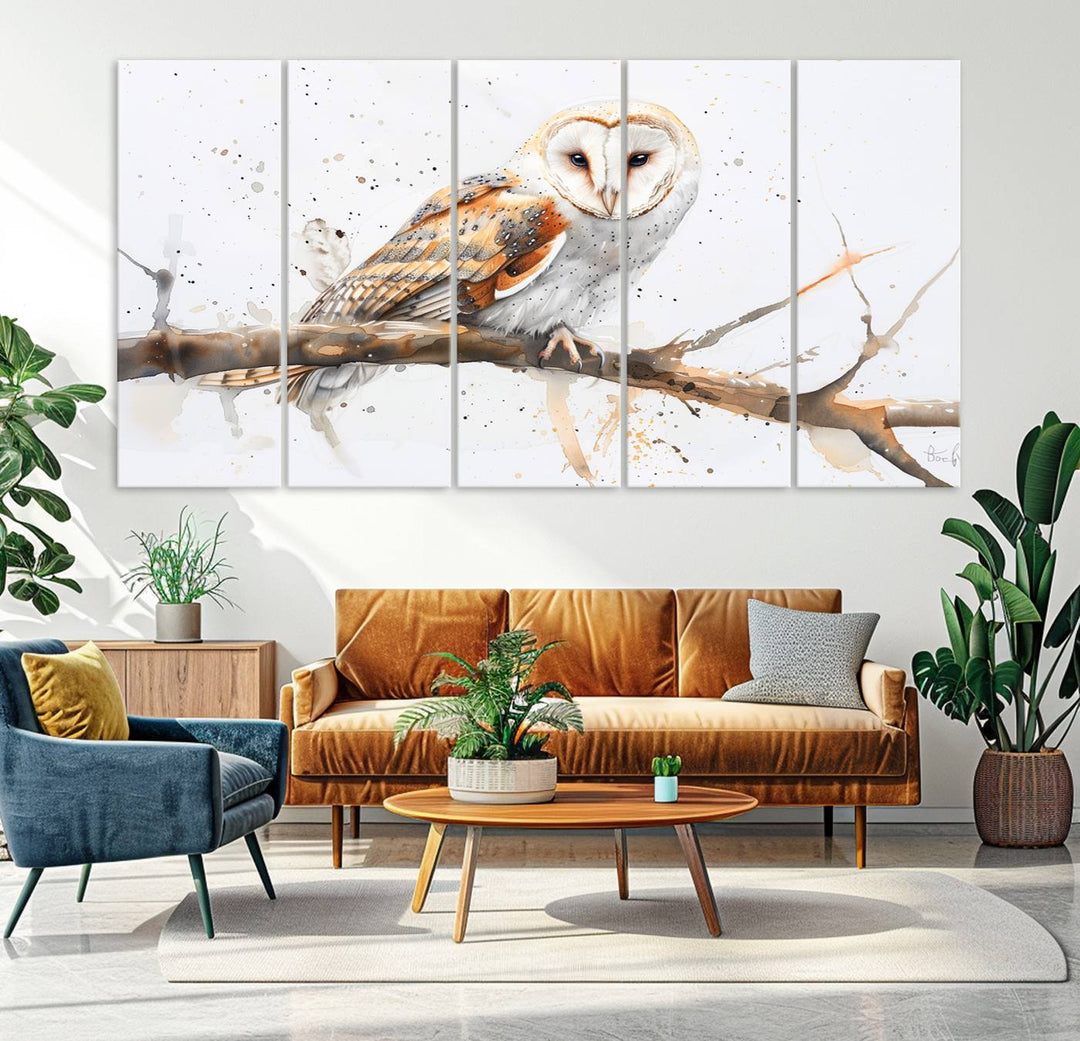 Introduce the tranquility of nature into your home with this stunning canvas print, featuring a Barn Owl on a branch. This triptych wall art, ready to hang and elegantly framed, is perfect for nature lovers seeking serene decor pieces.