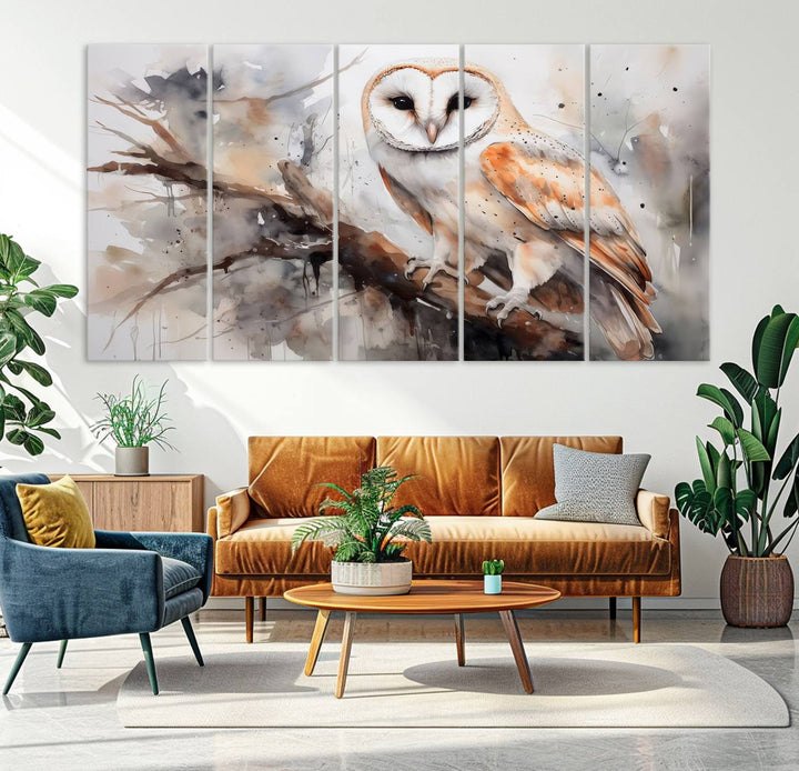 The Barn Owl Wall Art watercolor canvas adds a rustic twist to farmhouse decor.