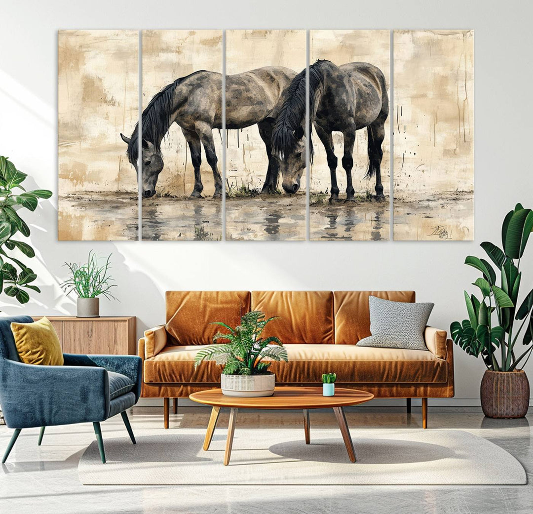 Chines Ink Style Black Horses Wall Art Canvas Print features a triptych painting of two horses drinking at the water's edge.