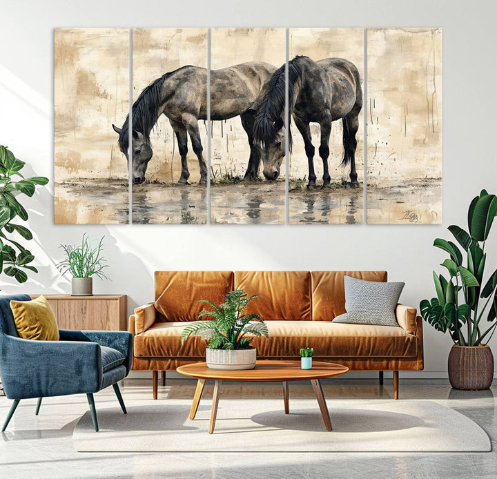 Chines Ink Style Black Horses Wall Art Canvas Print features a triptych painting of two horses drinking at the water's edge.