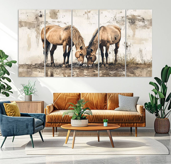 The Vintage Horses Wall Art, a ready-to-hang and framed triptych, beautifully captures two horses gracefully grazing. It perfectly complements the rustic charm of western farmhouse wall decor.