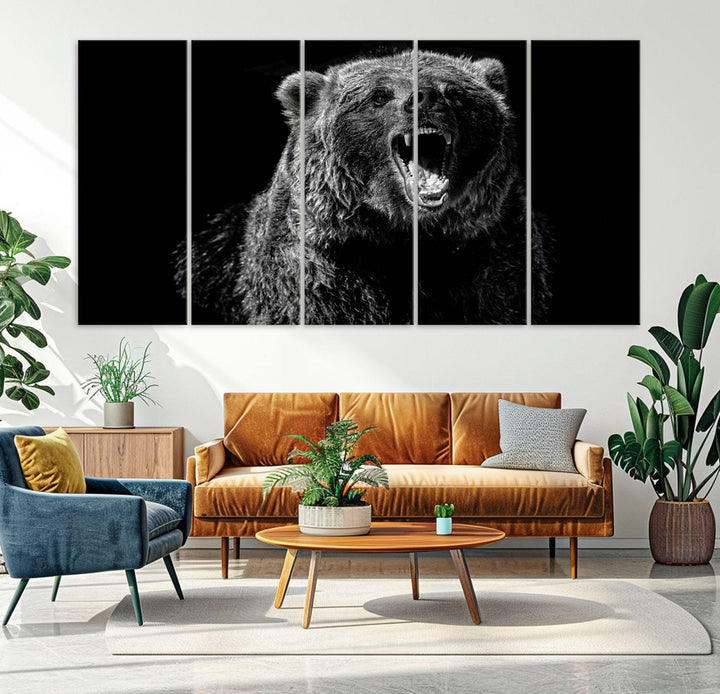 A striking Bear Canvas Print, perfect for cabin decor and ready to hang, is displayed in the modern living room, adding a touch of wildlife art to the sleek design.