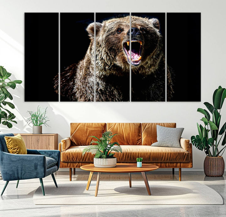 The Grizzly Bear Canvas Print, featuring wildlife wall art on a black background, is ready to hang and is perfect for rustic cabin decor.