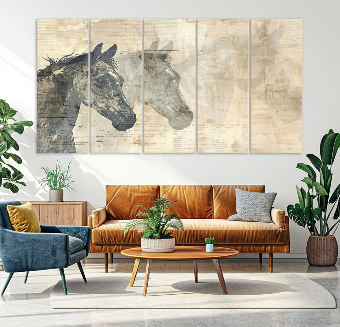 The Abstract Horse Canvas Print, part of the Modern Farmhouse Wall Art collection and ready to hang with its framed design, enhances the decor when displayed as a three-panel set on a dark wall.