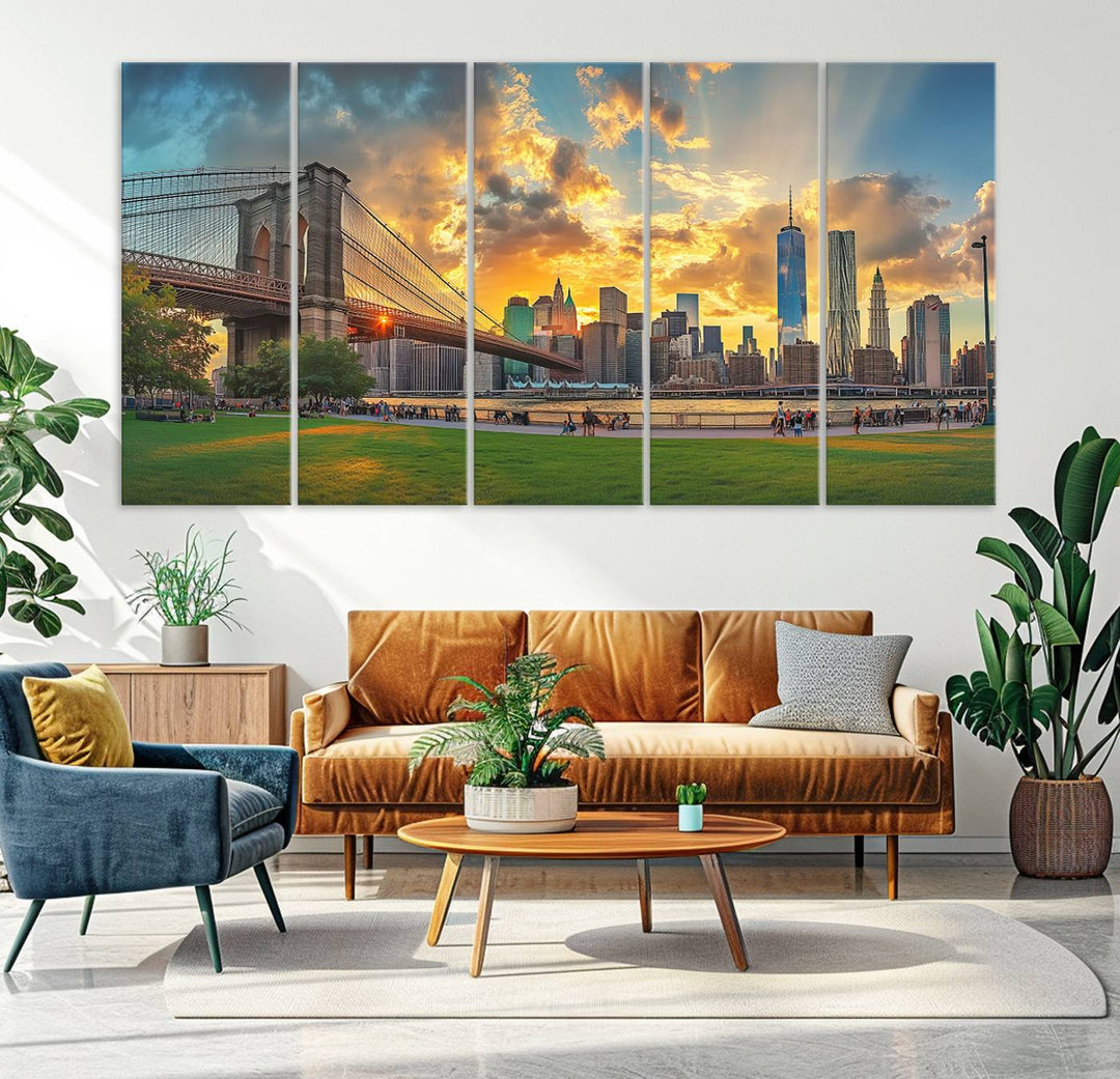 The "Brooklyn Bridge New York Skyline Wall Art" is a ready-to-hang framed canvas print that beautifully captures the cityscape at sunset, showcasing the iconic Brooklyn Bridge and majestic skyscrapers.