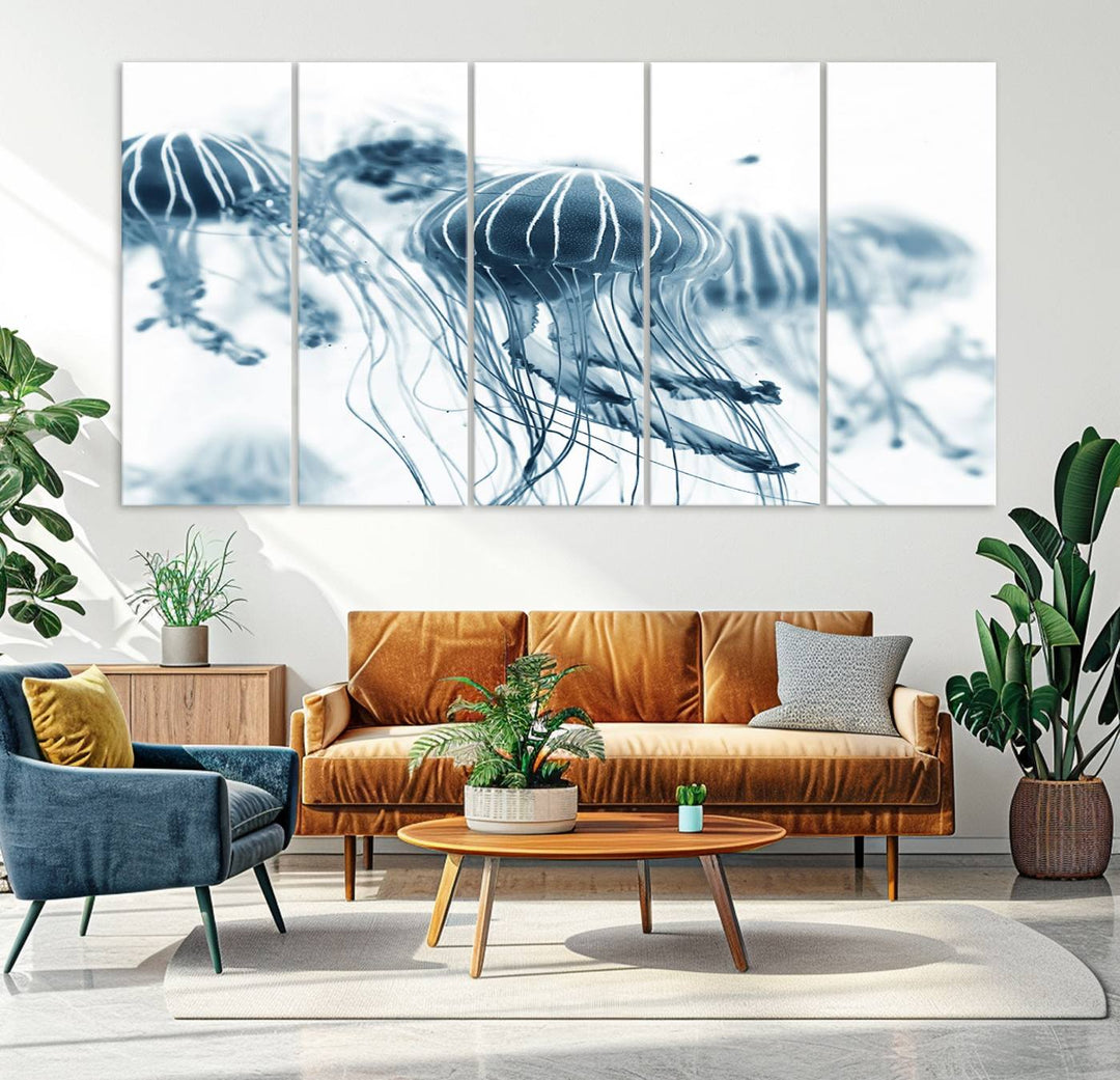 The Abstract Jellyfish Wall Art Canvas Print, a three-panel piece featuring high-resolution printing, hangs elegantly in the room, adding vibrant detail to the space.