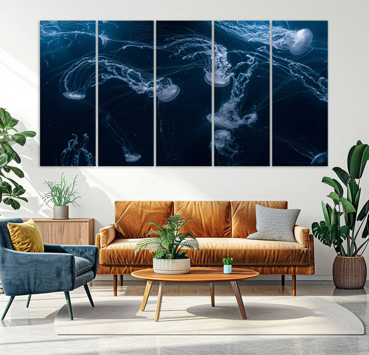 Room with modern decor, featuring the Abstract Jellyfish in Ocean Wall Art Canvas Print on museum-quality canvas.