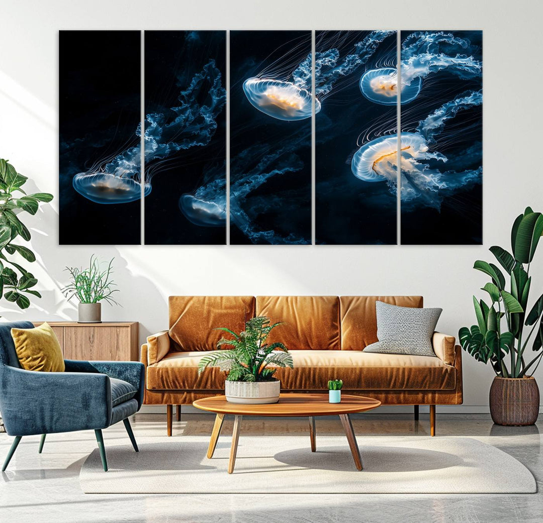 The "Jellyfish Wall Art Canvas Print," featuring a sea-themed design of glowing jellyfish, is displayed in high-resolution on museum-quality canvas.